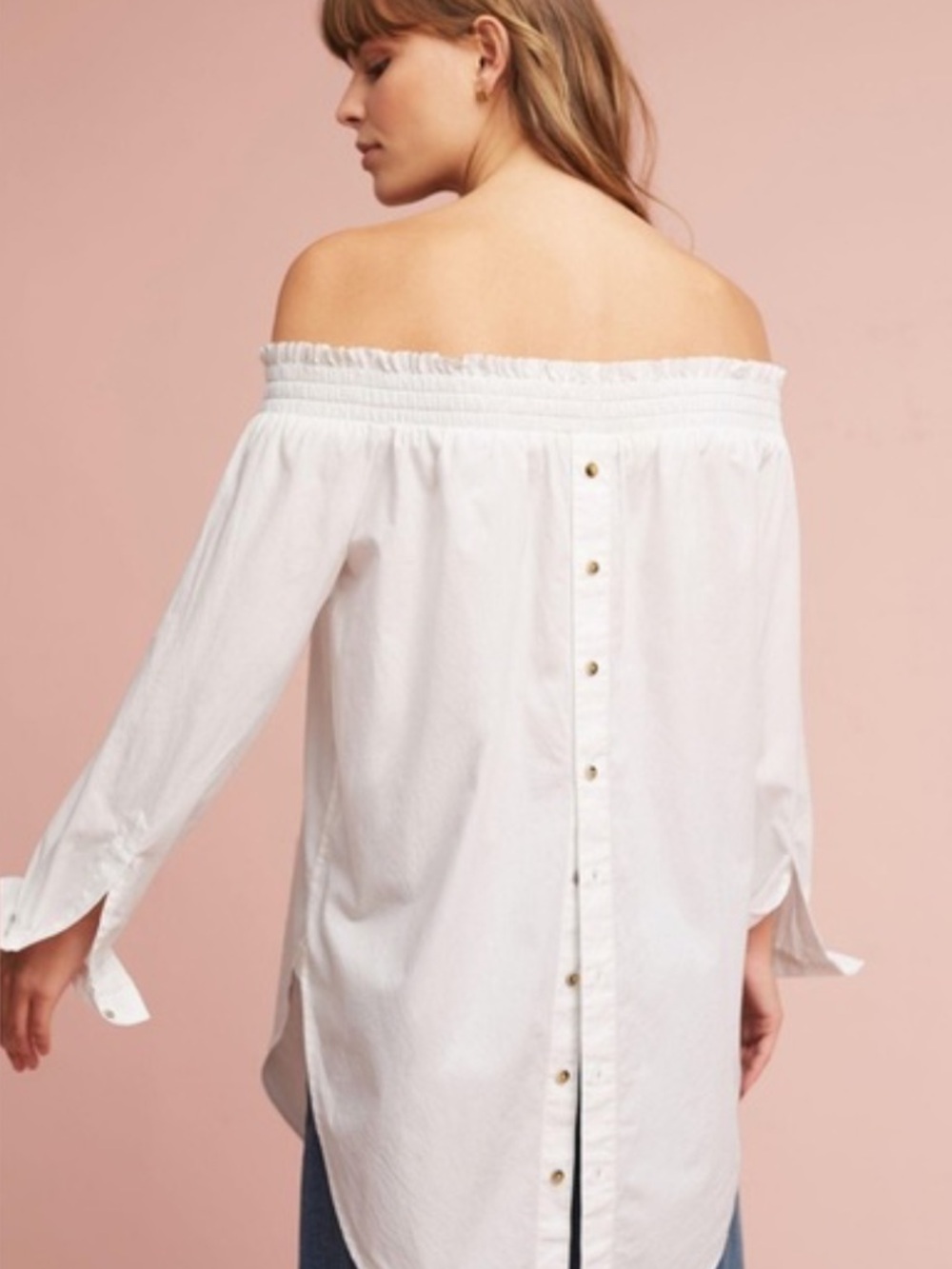 Maeve Anthropologie Tantira White Off Shoulder Button Back Smocked Tunic Top S